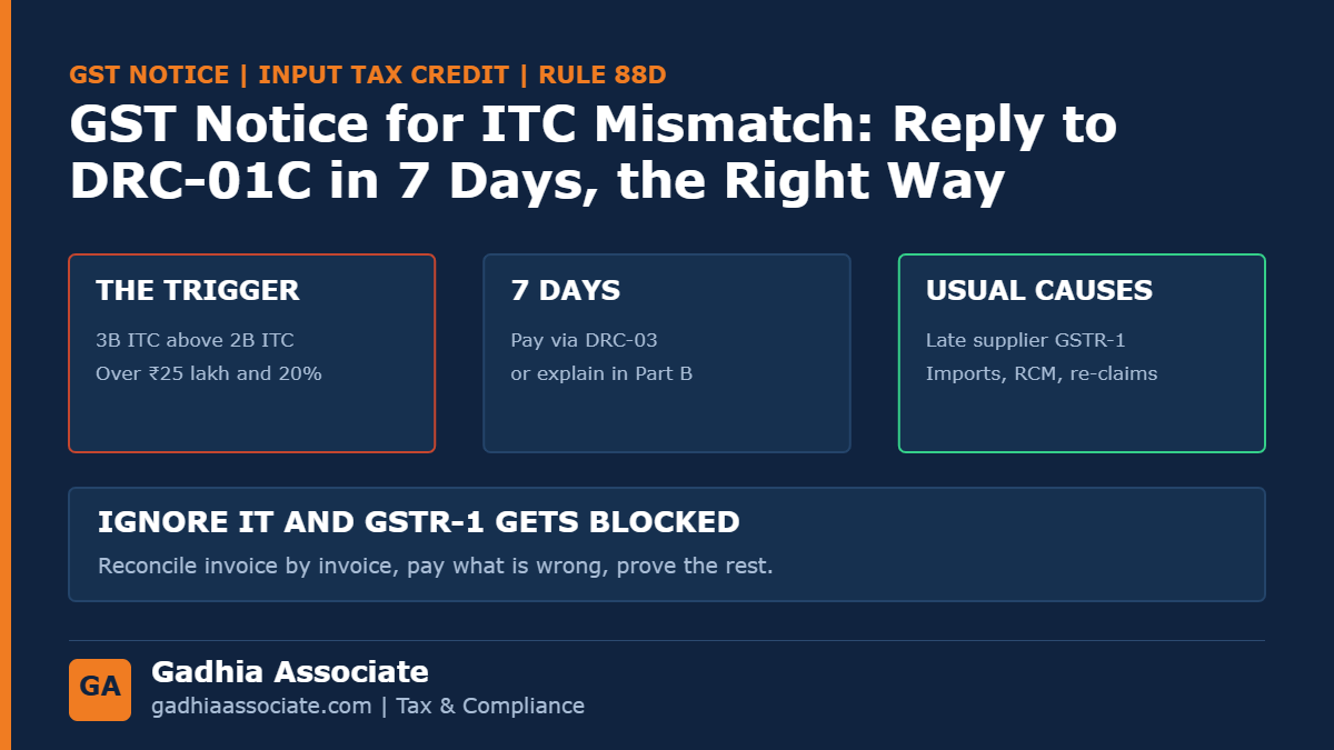 GST Notice for ITC Mismatch: DRC-01C, GSTR-2B vs GSTR-3B Difference, and How to Reply in 7 Days Without Paying Tax You Don't Owe